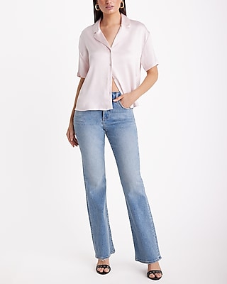 Satin Short Sleeve Button Up Boxy Shirt | Express