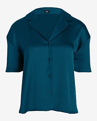 Satin Short Sleeve Button Up Boxy Shirt