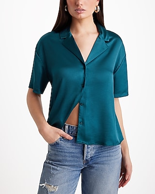 Satin Short Sleeve Button Up Boxy Shirt