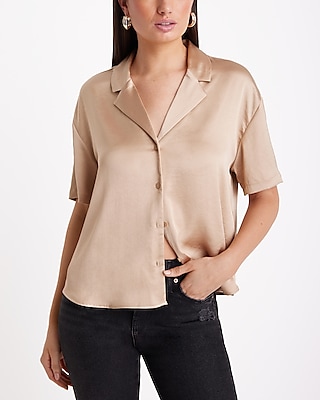 Satin Short Sleeve Button Up Boxy Shirt