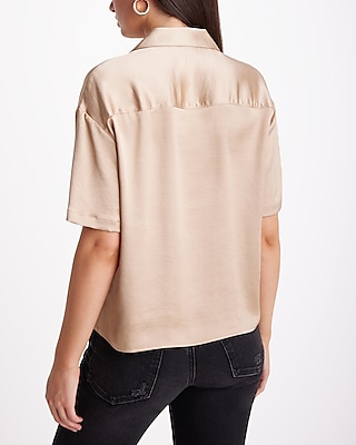 Satin Short Sleeve Button Up Boxy Shirt