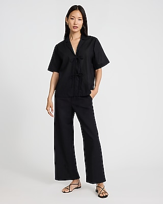 Linen-Blend Short Sleeve Tie Front Shirt - image 5