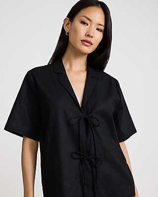 Linen-Blend Short Sleeve Tie Front Shirt - image 3