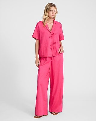 Linen-Blend Short Sleeve Tie Front Shirt