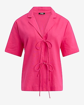 Linen-Blend Short Sleeve Tie Front Shirt
