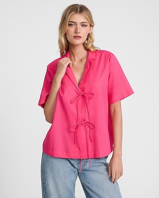 Linen-Blend Short Sleeve Tie Front Shirt