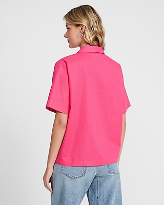 Linen-Blend Short Sleeve Tie Front Shirt