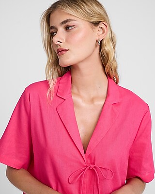 Linen-Blend Short Sleeve Tie Front Shirt