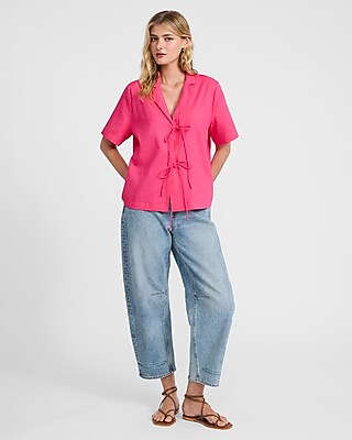Linen-Blend Short Sleeve Tie Front Shirt