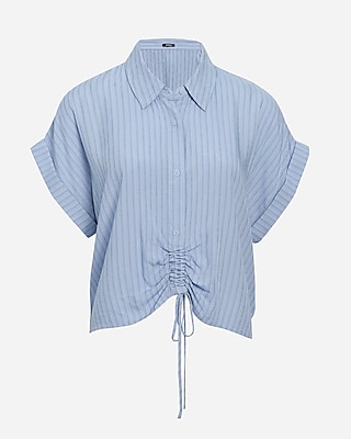 Striped Short Sleeve Cinched Tie Front Cropped Shirt