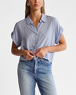 Striped Short Sleeve Cinched Tie Front Cropped Shirt