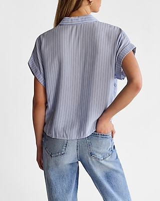 Striped Short Sleeve Cinched Tie Front Cropped Shirt