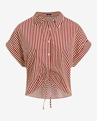 Striped Short Sleeve Cinched Tie Front Cropped Shirt | Express