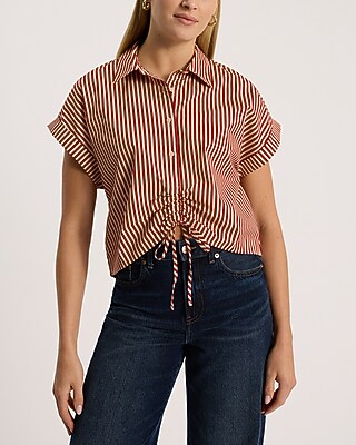 Striped Short Sleeve Cinched Tie Front Cropped Shirt | Express