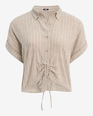 Linen-Blend Short Sleeve Cinched Tie Front Cropped Shirt