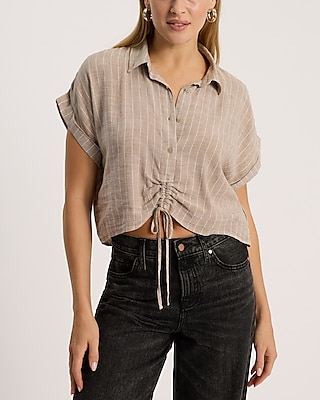 Linen-Blend Short Sleeve Cinched Tie Front Cropped Shirt