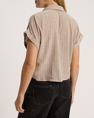 Linen-Blend Short Sleeve Cinched Tie Front Cropped Shirt