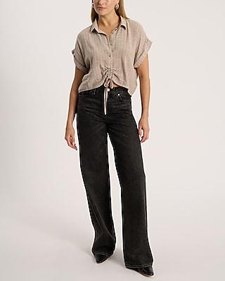 Linen-Blend Short Sleeve Cinched Tie Front Cropped Shirt