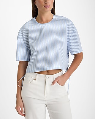 Striped Crew Neck Lace Up Tie Cropped Top
