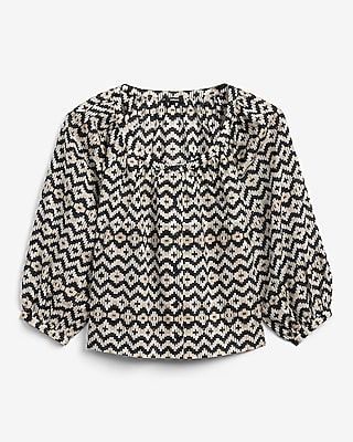 Cotton Voile Printed Scoop Neck Balloon Sleeve Button Front Top - image 4