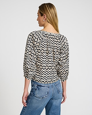 Cotton Voile Printed Scoop Neck Balloon Sleeve Button Front Top - image 2