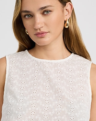 Cotton Eyelet Crew Neck Button Back Tank | Express