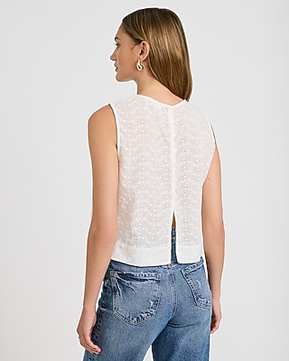 Cotton Eyelet Crew Neck Button Back Tank - thumbnail 3