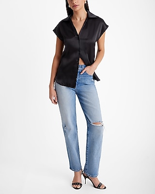 Satin Cap Sleeve Button Up Shirt