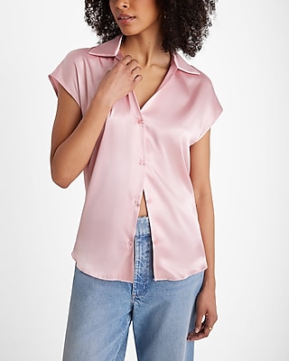 Satin Cap Sleeve Button Up Shirt
