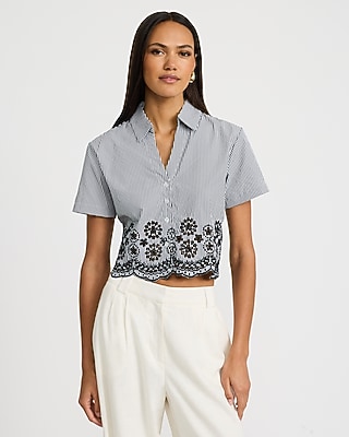 Striped Eyelet Scalloped Button Front Short Sleeve Shirt