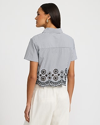 Striped Eyelet Scalloped Button Front Short Sleeve Shirt