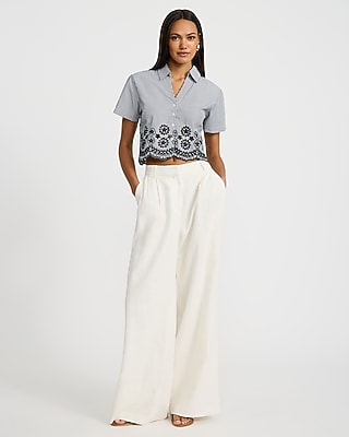 Striped Eyelet Scalloped Button Front Short Sleeve Shirt