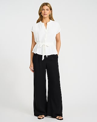 Collarless Short Sleeve Tie Waist Shirt - image 3