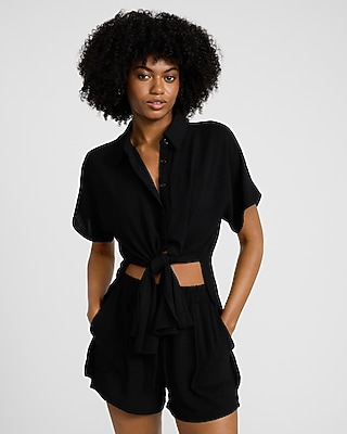 Short Sleeve Tie Front Button Up Shirt