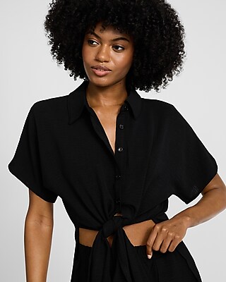 Short Sleeve Tie Front Button Up Shirt