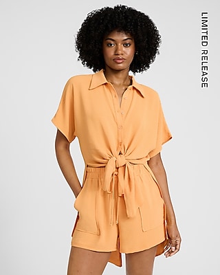 Short Sleeve Tie Front Button Up Shirt