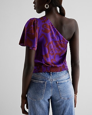 Satin Printed One Shoulder Tie Waist Top