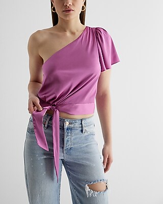 Satin One Shoulder Tie Waist Top | Express