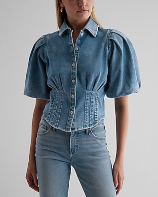 Denim Puff Sleeve Corset Button Up Shirt Express