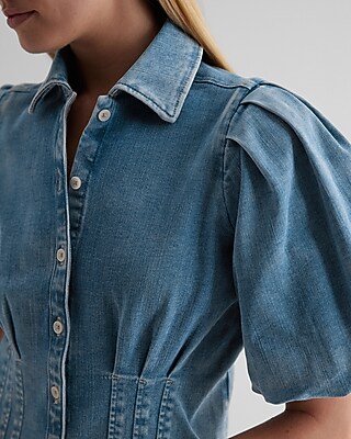 Denim Puff Sleeve Corset Button Up Shirt - image 2