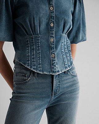 Denim Puff Sleeve Corset Button Up Shirt - image 3