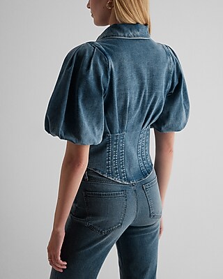 Denim Puff Sleeve Corset Button Up Shirt - image 4