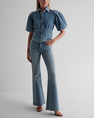 Denim Puff Sleeve Corset Button Up Shirt - image 5