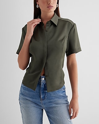 Fitted Satin Short Sleeve Button Up Shirt