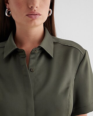 Fitted Satin Short Sleeve Button Up Shirt
