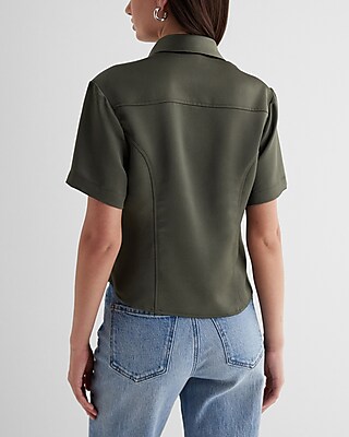 Fitted Satin Short Sleeve Button Up Shirt