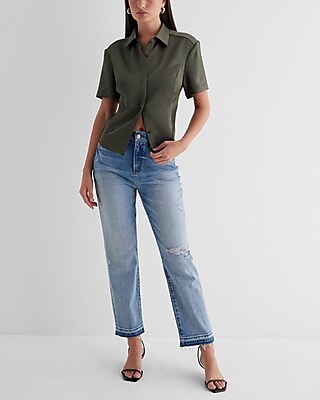 Fitted Satin Short Sleeve Button Up Shirt