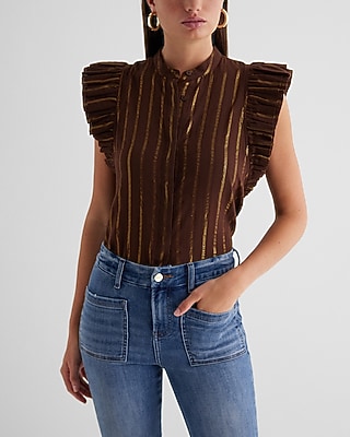 GRAMERCY RUFFLE BLOUSE COTTON STRIPE BROWN 9709749:STRIPE-BROWN:XS