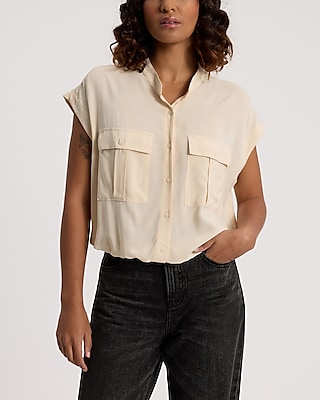 Short Sleeve Front Pocket Cinched Hem Shirt