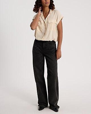 Short Sleeve Front Pocket Cinched Hem Shirt